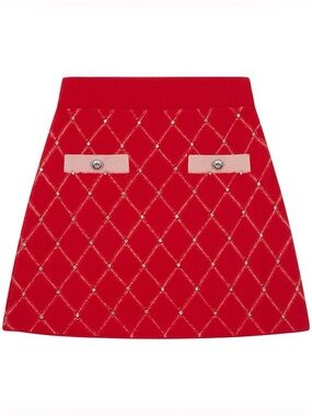 Maje Red Diamond Embellished Quilted A-Line Skirt